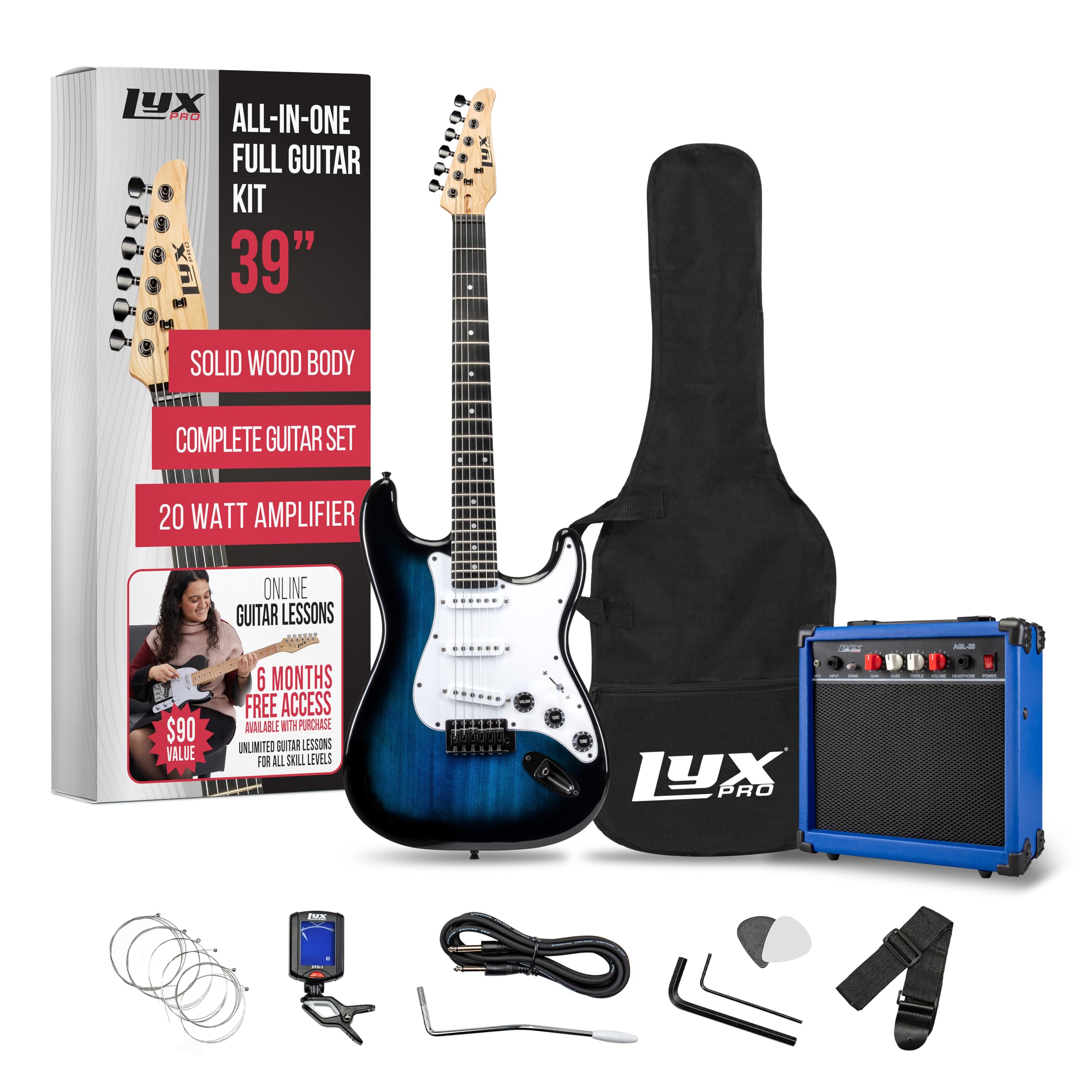 Lyxpro 39 Inch Electric Guitar Kit Bundle With 20W Amplifier, All Accessories, Digital Clip On Tuner, Six Strings, Two Picks, Tr